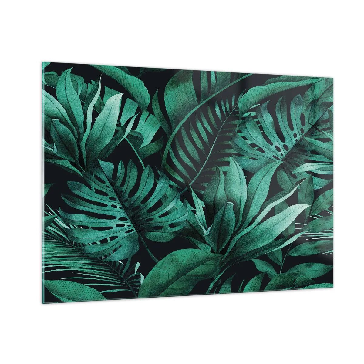 Impression sur verre - Image sur verre - Feuilles vertes luxuriantes dans une composition tropicale - 100x70cm - Profondeur du vert tropical - Décoration murale moderne pour le salon et la chambre ARTTOR