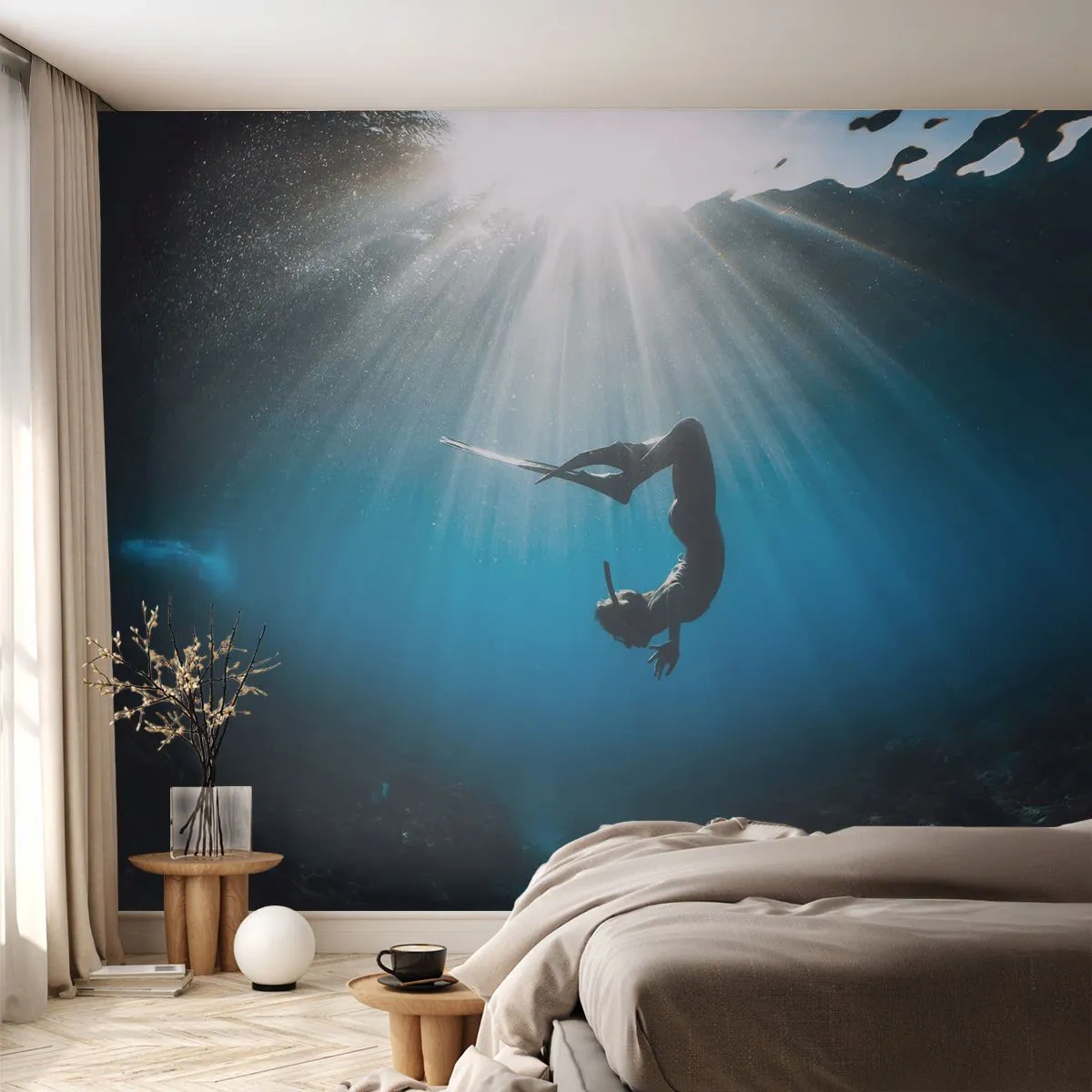 Papier Peint Autocollant Deluxe Sticker - Dans sous-marine - Grotte sous-marine, Rayons du soleil, Plongée - 250x175 cm