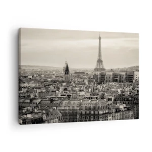 Impression sur toile - Image sur toile - Panorama de Paris avec la Tour Eiffel en tons sépia - 70x50cm - Sur les toits de Paris - Décoration murale moderne pour le salon et la chambre ARTTOR