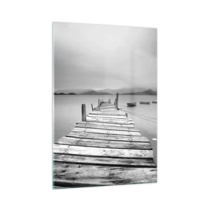 Impression sur verre - Image sur verre - Jetée en bois sur un lac calme en noir et blanc - 50x70cm - Derrière les montagnes, au-delà des mers - Décoration murale moderne pour le salon et la chambre ARTTOR