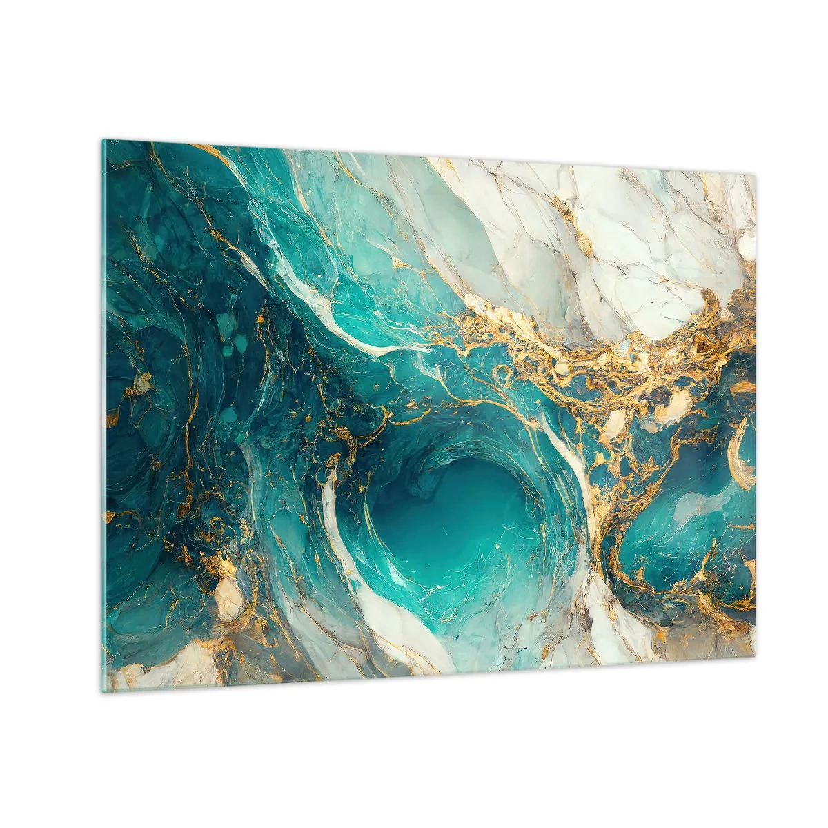 Impression sur verre - Image sur verre - Composition abstraite avec des veines turquoise et dorées - 70x50cm - Composition en veines d'or - Décoration murale moderne pour le salon et la chambre ARTTOR