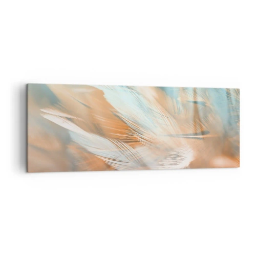 Impression sur toile - Image sur toile - Plumes délicates dans des tons pastel de bleu et d'orange - 140x50cm - Au pays de la douceur - Décoration murale moderne pour le salon et la chambre ARTTOR