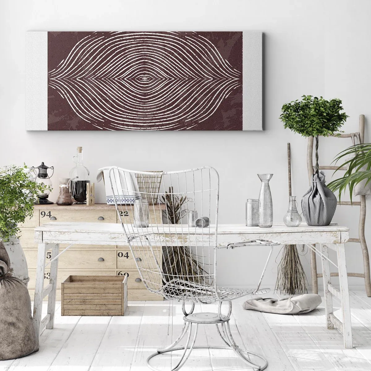 Impression sur toile - Image sur toile - Ondes symétriques en lignes blanches sur fond marron - 140x50cm - L'espace parle - Décoration murale moderne pour le salon et la chambre ARTTOR