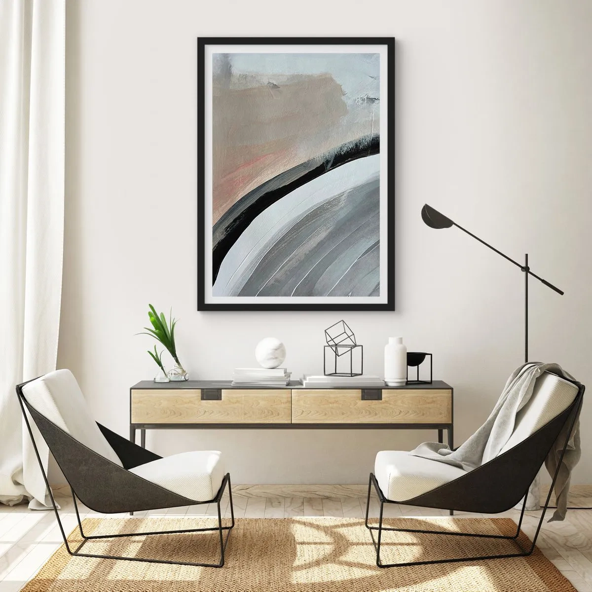 Affiche dans un cadre noir - Poster - Composition abstraite avec des lignes dans les tons de gris et de beige. - 50x70cm - Composition : arc de noir et gris - Décoration murale moderne pour le salon et la chambre ARTTOR