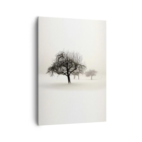 Impression sur toile - Image sur toile - Arbres dans un champ enneigé entouré de brouillard - 50x70cm - Un rêve hivernal - Décoration murale moderne pour le salon et la chambre ARTTOR