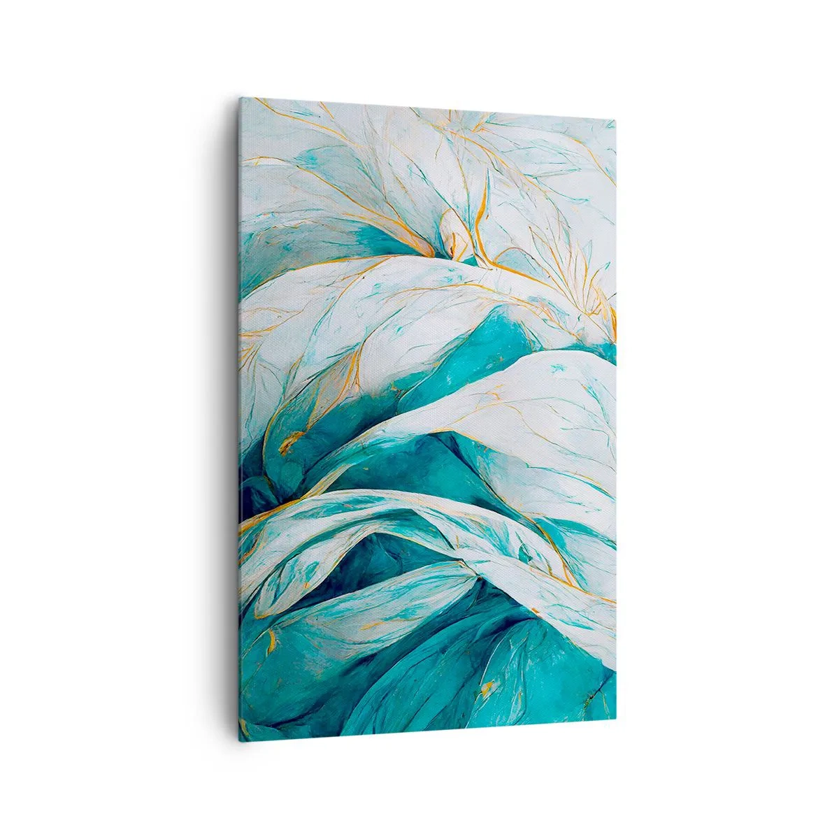 Impression sur toile - Image sur toile - Feuilles bleues abstraites avec des détails dorés - 80x120cm - Abstraction bleue avec un motif doré - Décoration murale moderne pour le salon et la chambre ARTTOR