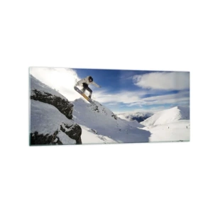 Impression sur verre - Image sur verre - Un snowboardeur saute d'une falaise avec des montagnes enneigées en arrière-plan. - 120x50cm - Liberté sans limite - Décoration murale moderne pour le salon et la chambre ARTTOR