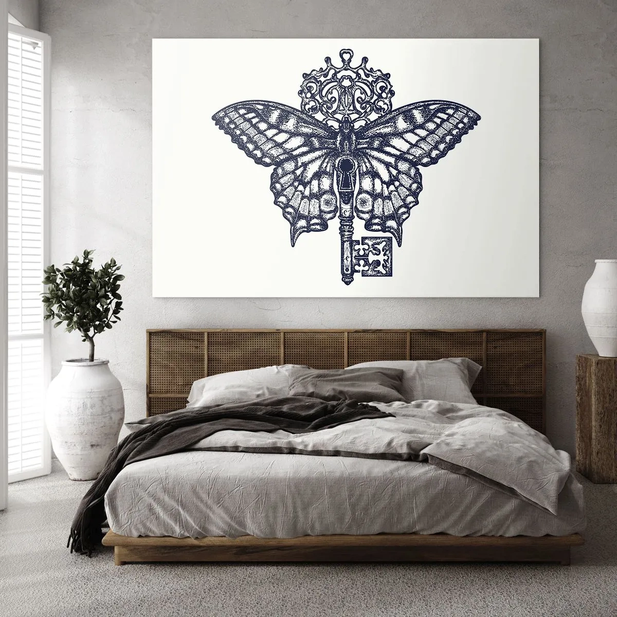 Impression sur verre - Image sur verre - Illustration d'un papillon avec une clé au centre - 100x70cm - Tous les secrets du coeur - Décoration murale moderne pour le salon et la chambre ARTTOR