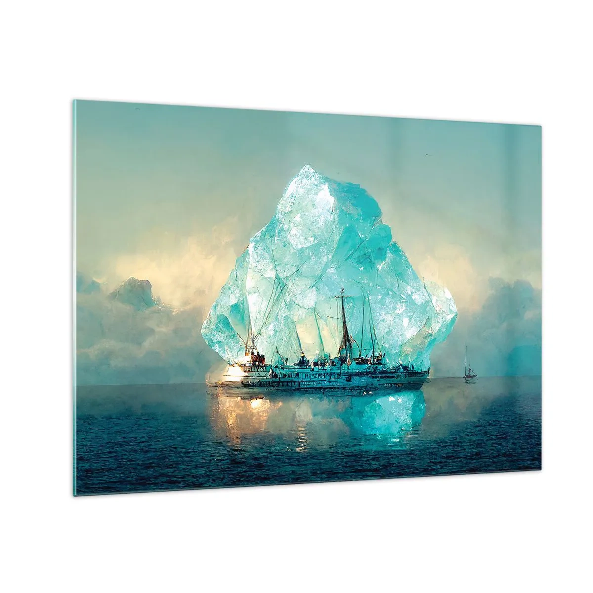 Impression sur verre - Image sur verre - Un voilier devant un immense glacier dans la lumière arctique. - 70x50cm - Diamant arctique - Décoration murale moderne pour le salon et la chambre ARTTOR