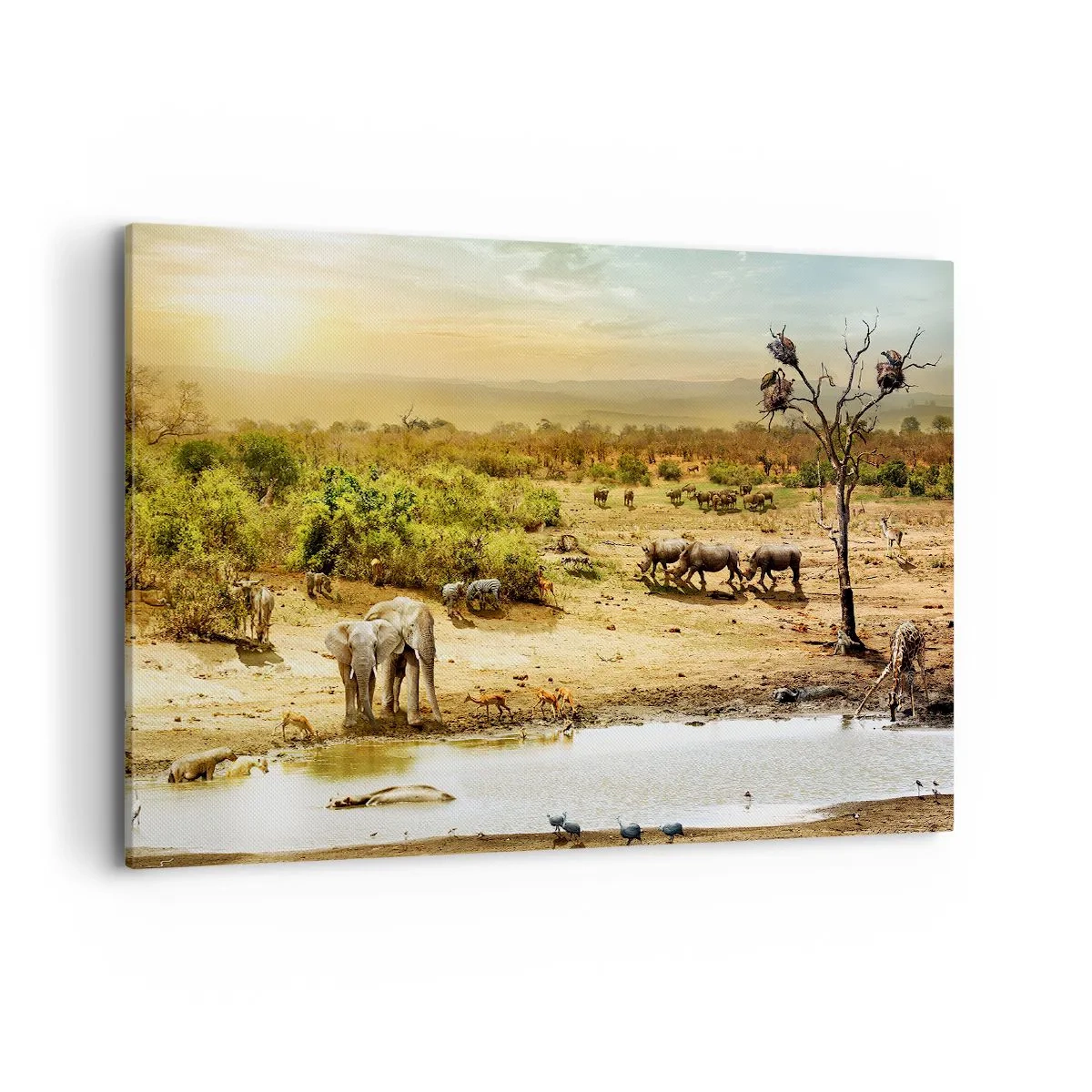 Impression sur toile - Image sur toile - Éléphants et animaux sauvages à un point d'eau au coucher du soleil - 100x70cm - "Et d'Eden coulait une rivière..." - Décoration murale moderne pour le salon et la chambre ARTTOR