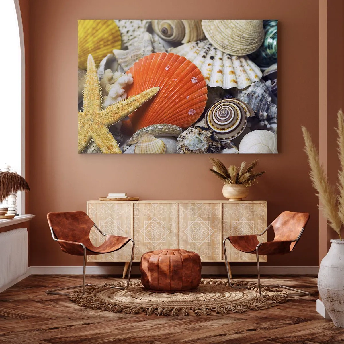 Impression sur toile - Image sur toile - Coquillages et étoiles de mer dans une composition marine - 100x70cm - Trésors de l'océan - Décoration murale moderne pour le salon et la chambre ARTTOR