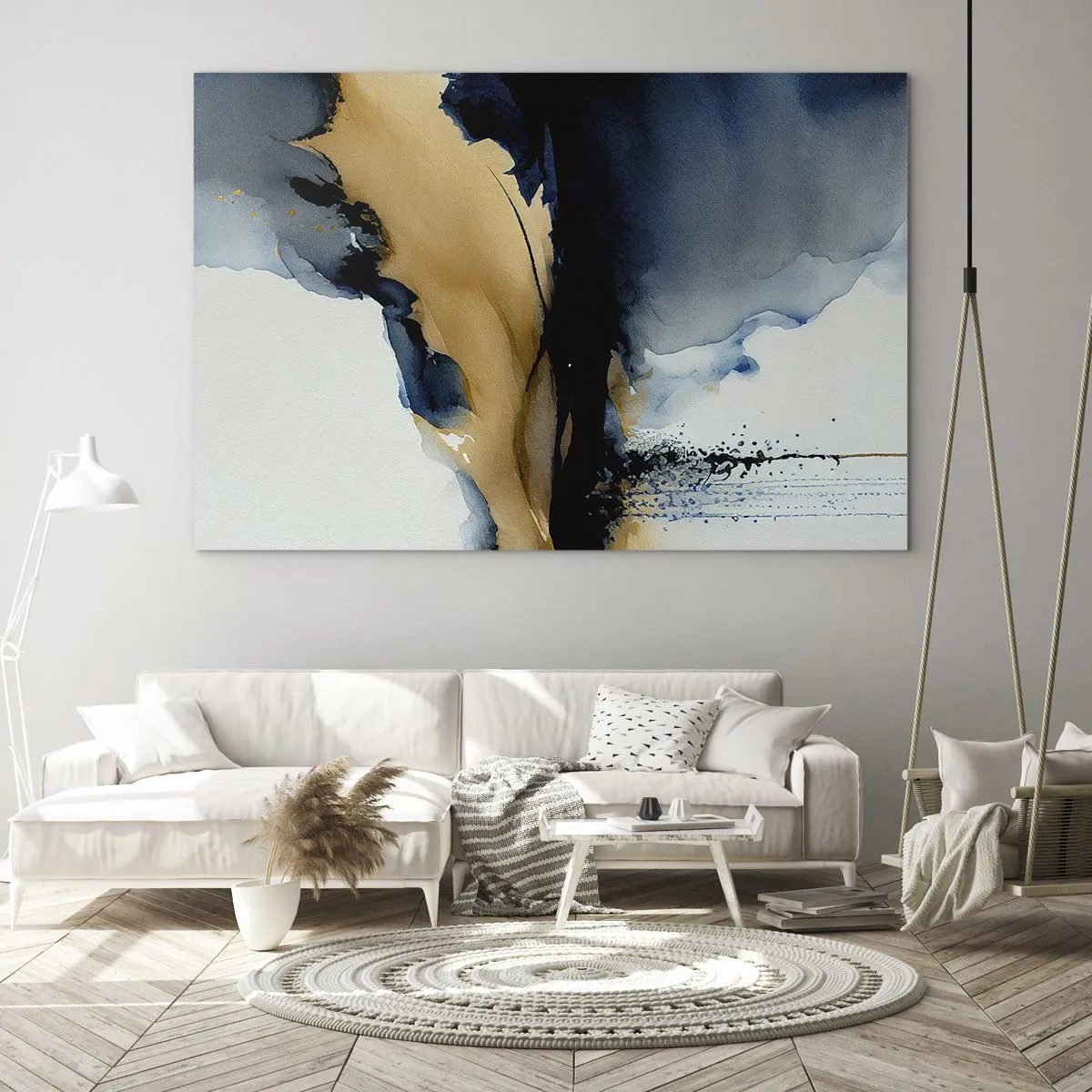 Impression sur verre - Image sur verre - Une composition abstraite dans les tons bleu marine et beige - 70x50cm - Derrière le rideau - Décoration murale moderne pour le salon et la chambre ARTTOR