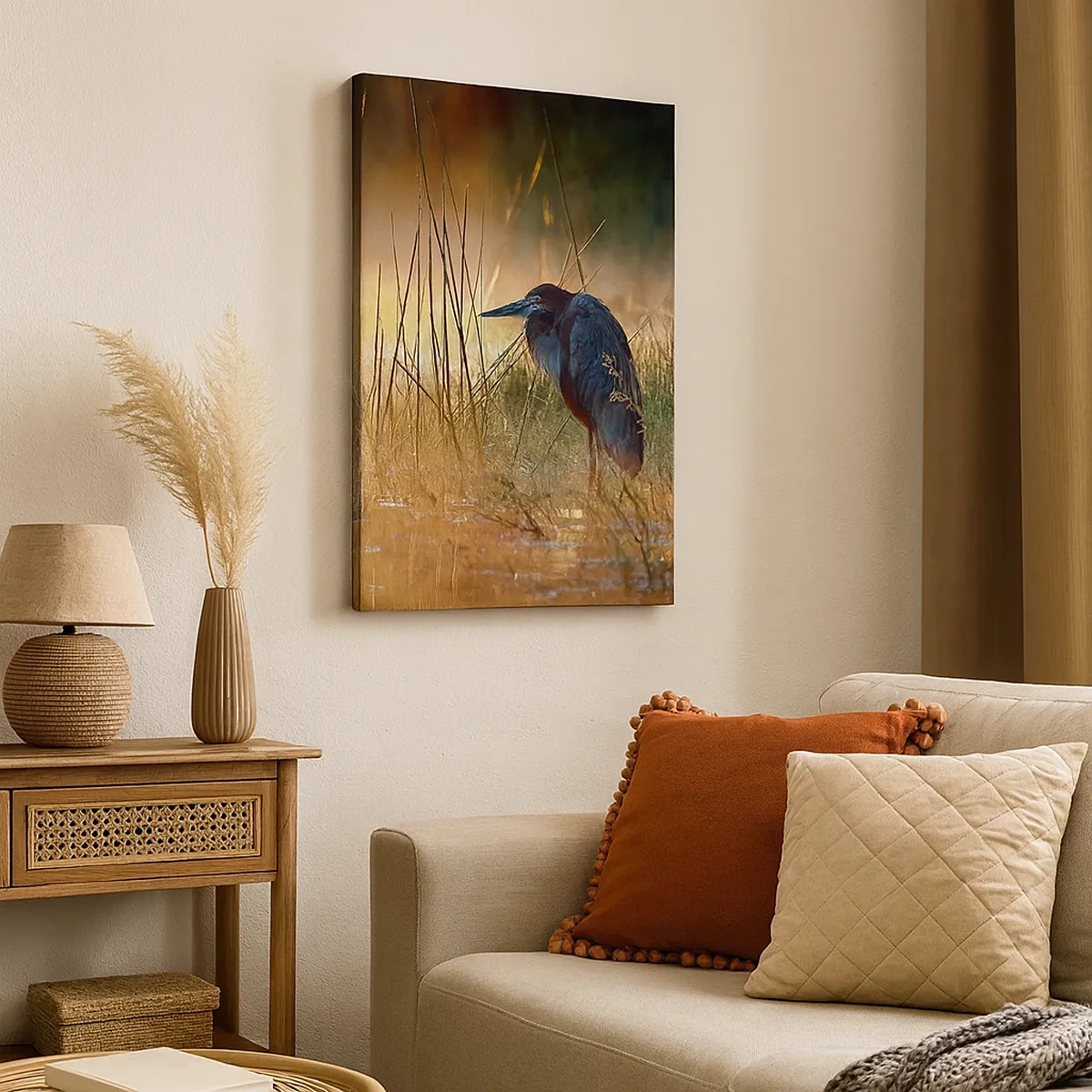 Impression sur toile - Image sur toile - Un héron dans les zones humides au coucher du soleil parmi les hautes herbes - 50x70cm - Allez, laissez-moi en paix avec ces photos - Décoration murale moderne pour le salon et la chambre ARTTOR