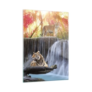 Impression sur verre - Image sur verre - Tigres contre une cascade et un paysage d'automne - 50x70cm - Paysage surréaliste - Décoration murale moderne pour le salon et la chambre ARTTOR