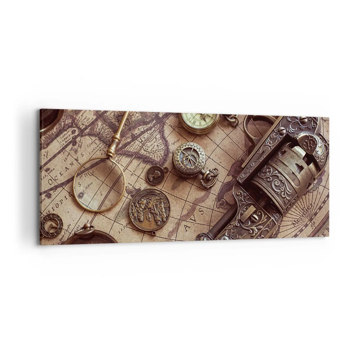 Impression sur toile - Image sur toile - Objets anciens sur une vieille carte dans un style rétro - 120x50cm - L'aventure appelle - Décoration murale moderne pour le salon et la chambre ARTTOR