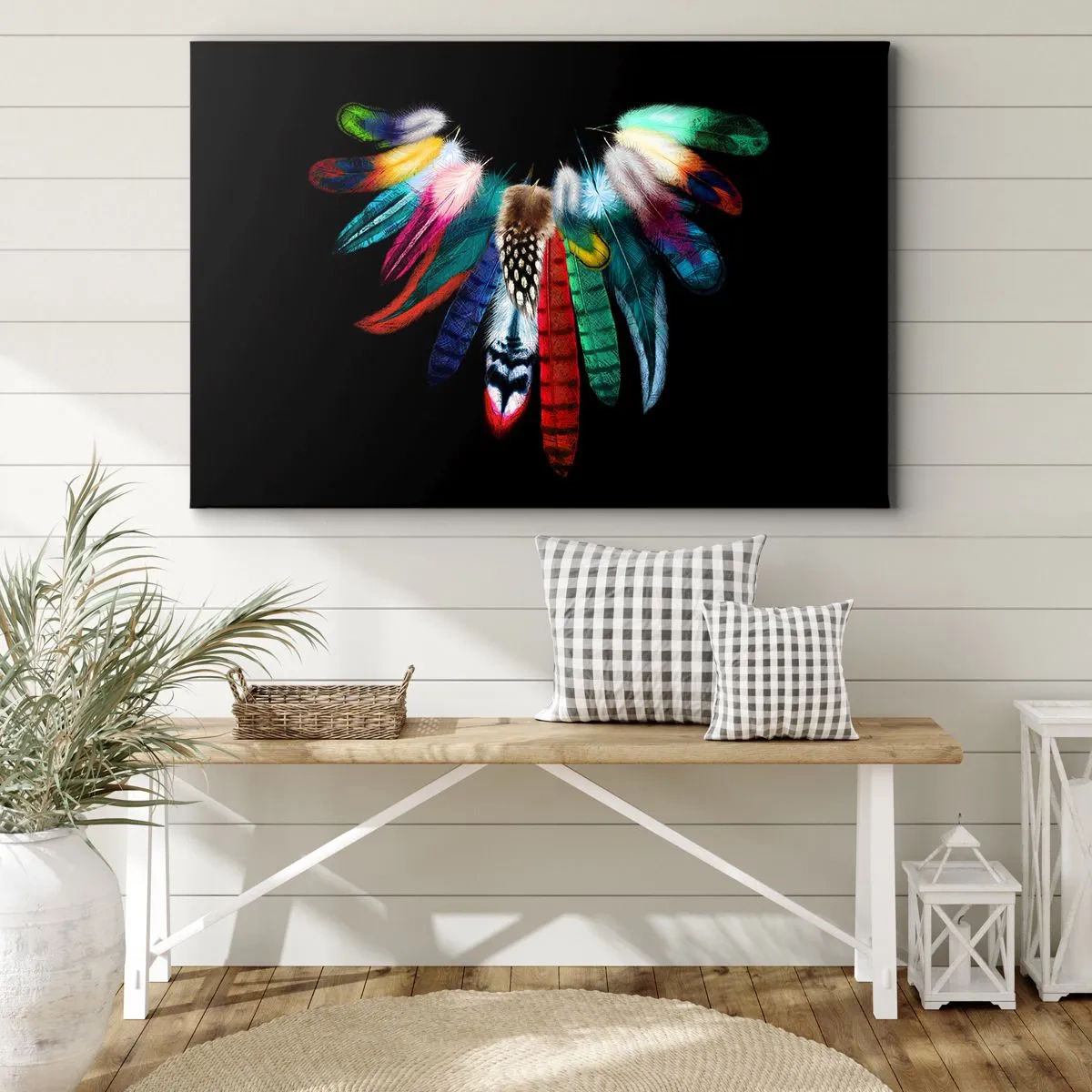 Impression sur toile - Image sur toile - Plumes colorées sur fond noir dans une composition artistique - 70x50cm - Collier indien - Décoration murale moderne pour le salon et la chambre ARTTOR