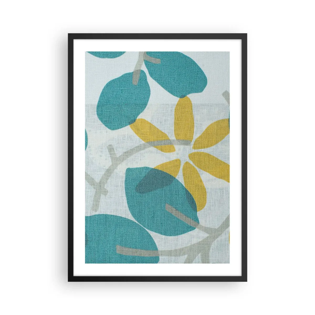Affiche dans un cadre noir - Poster - Graphismes botaniques modernes dans des tons de bleu et de jaune - 50x70cm - Wśród lazurowych liści - Décoration murale moderne pour le salon et la chambre ARTTOR