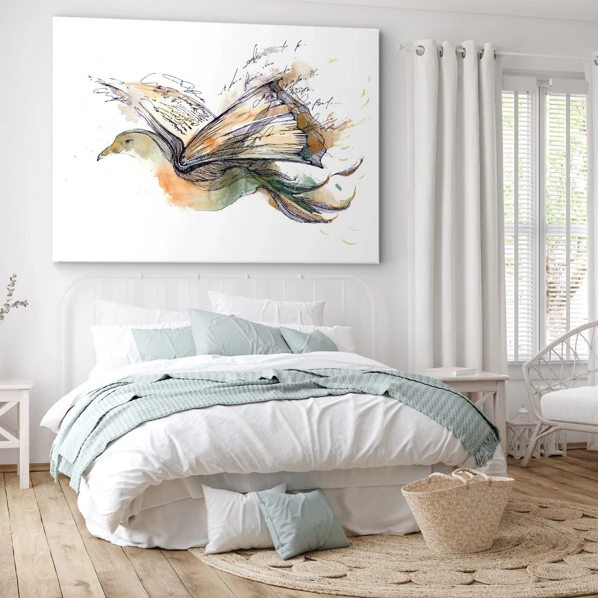 Impression sur toile - Image sur toile - Aquarelle artistique d'un oiseau avec un livre comme ailes - 70x50cm - Sur les ailes de la poésie - Décoration murale moderne pour le salon et la chambre ARTTOR