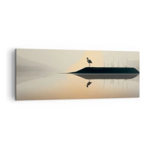 Impression sur toile - Image sur toile - Un oiseau sur une île dans un lac calme aux teintes chaudes - 140x50cm - Le seigneur du lac - Décoration murale moderne pour le salon et la chambre ARTTOR