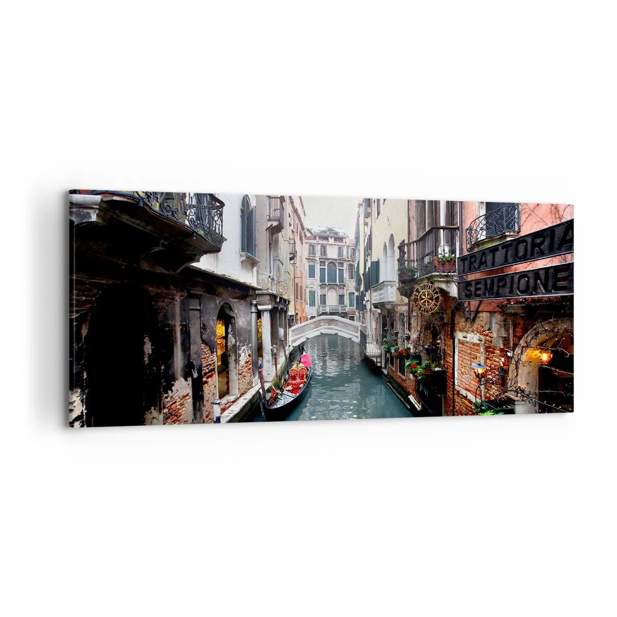 Impression sur toile - Image sur toile - Un canal à Venise avec une gondole et des bâtiments historiques - 120x50cm - Paysage vénitien avec une gondole et un pont - Décoration murale moderne pour le salon et la chambre ARTTOR