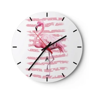 Horloge murale - Pendule murale - Un flamant rose sur un fond blanc rayé et rose - 30x30cm - Avec dignité, bien qu'en rose - Décoration murale moderne pour le salon, la cuisine et la chambre ARTTOR