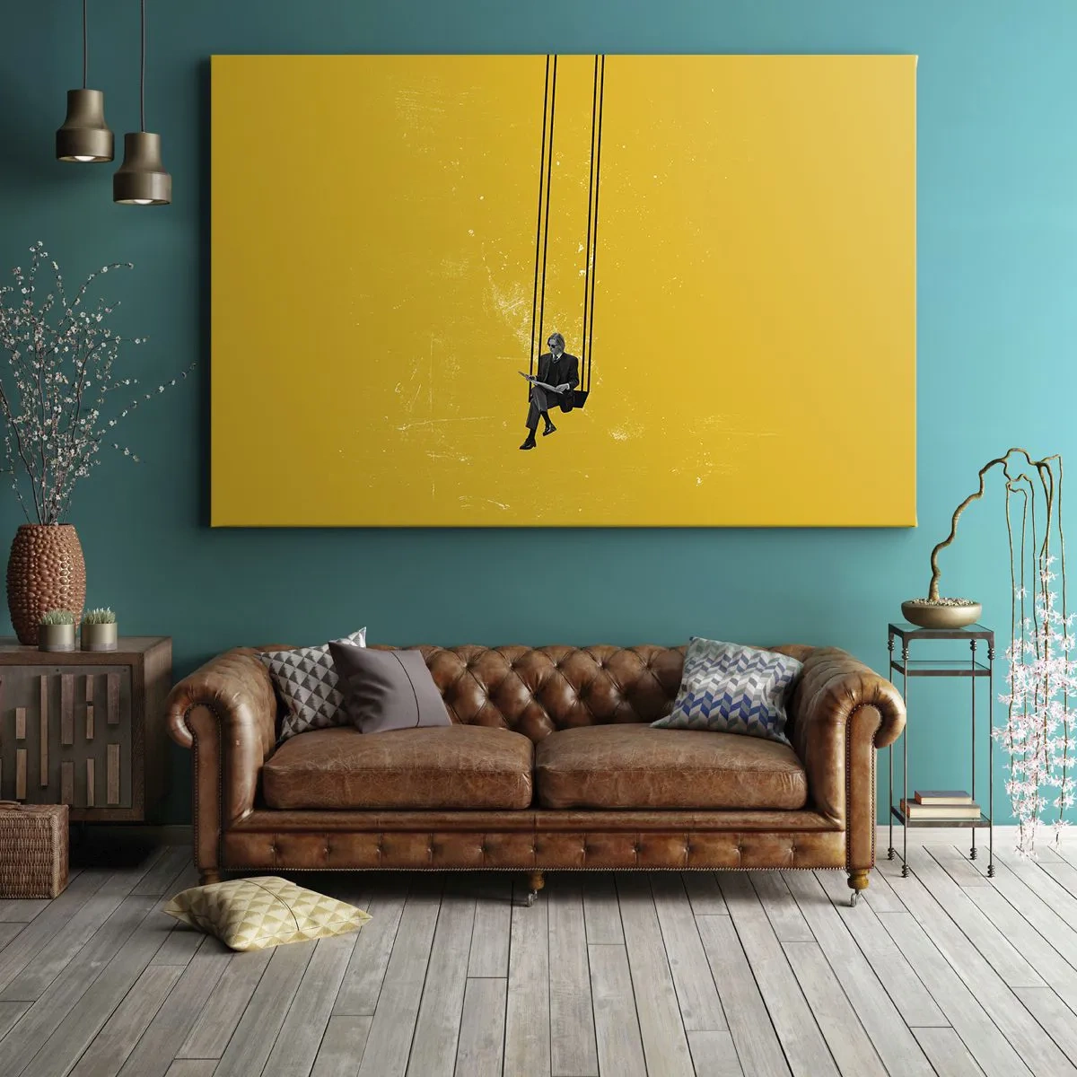 Impression sur toile - Image sur toile - Une personne sur une balançoire sur un fond jaune intense - 70x50cm - Un jour comme tous les jours - Décoration murale moderne pour le salon et la chambre ARTTOR