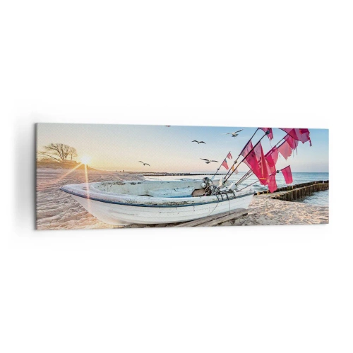 Impression sur toile - Image sur toile - Un bateau sur la plage à l'aube avec des mouettes et des drapeaux rouges - 160x50cm - Repos mérité - Décoration murale moderne pour le salon et la chambre ARTTOR