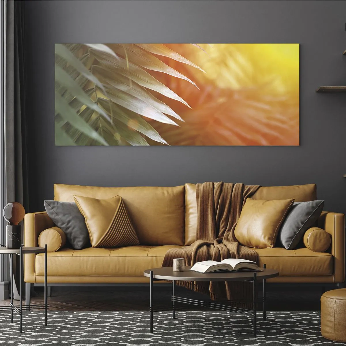 Impression sur verre - Image sur verre - Feuilles de palmier dans les rayons du soleil couchant - 160x50cm - Matinée dans la jungle - Décoration murale moderne pour le salon et la chambre ARTTOR