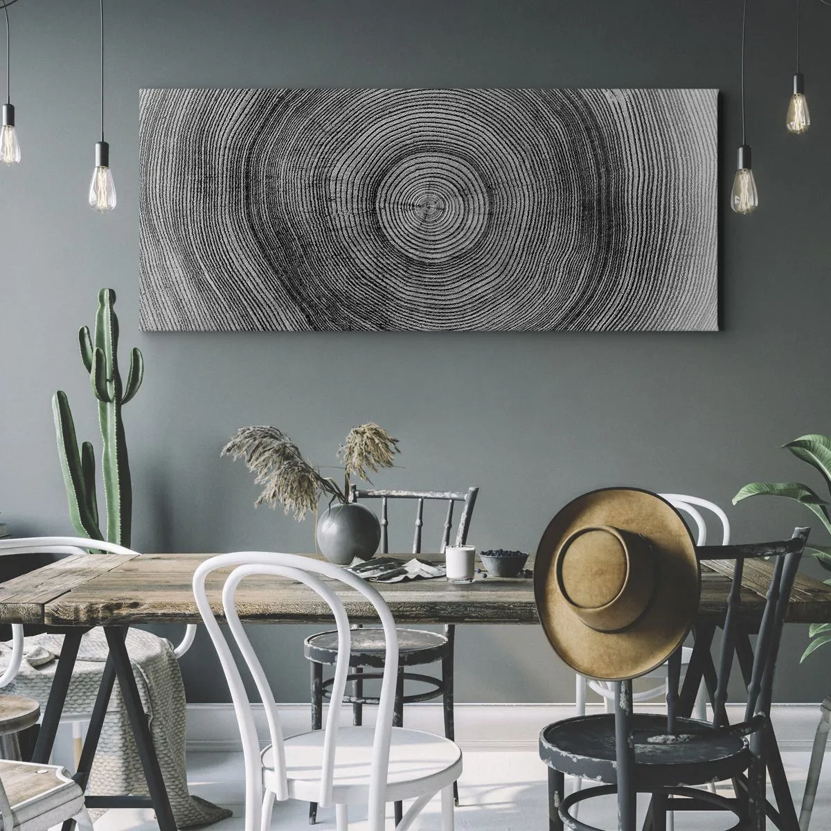 Impression sur toile - Image sur toile - Motif de cernes d'arbre noir et blanc montrant une coupe transversale du tronc - 160x50cm - Signe du temps - Décoration murale moderne pour le salon et la chambre ARTTOR