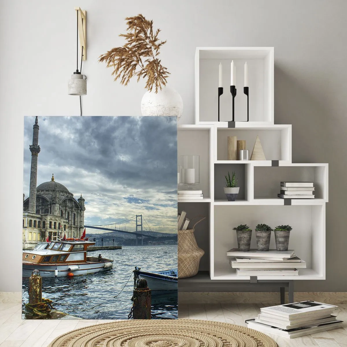 Impression sur verre - Image sur verre - Vue de la mosquée, du pont et des bateaux sur le quai - 50x70cm - Aux confins des mondes - Décoration murale moderne pour le salon et la chambre ARTTOR
