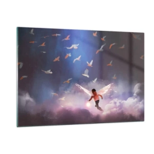 Impression sur verre - Image sur verre - Une silhouette avec des ailes d'ange flottant parmi les nuages - 120x80cm - Il faut de l'imagination et du courage - Décoration murale moderne pour le salon et la chambre ARTTOR