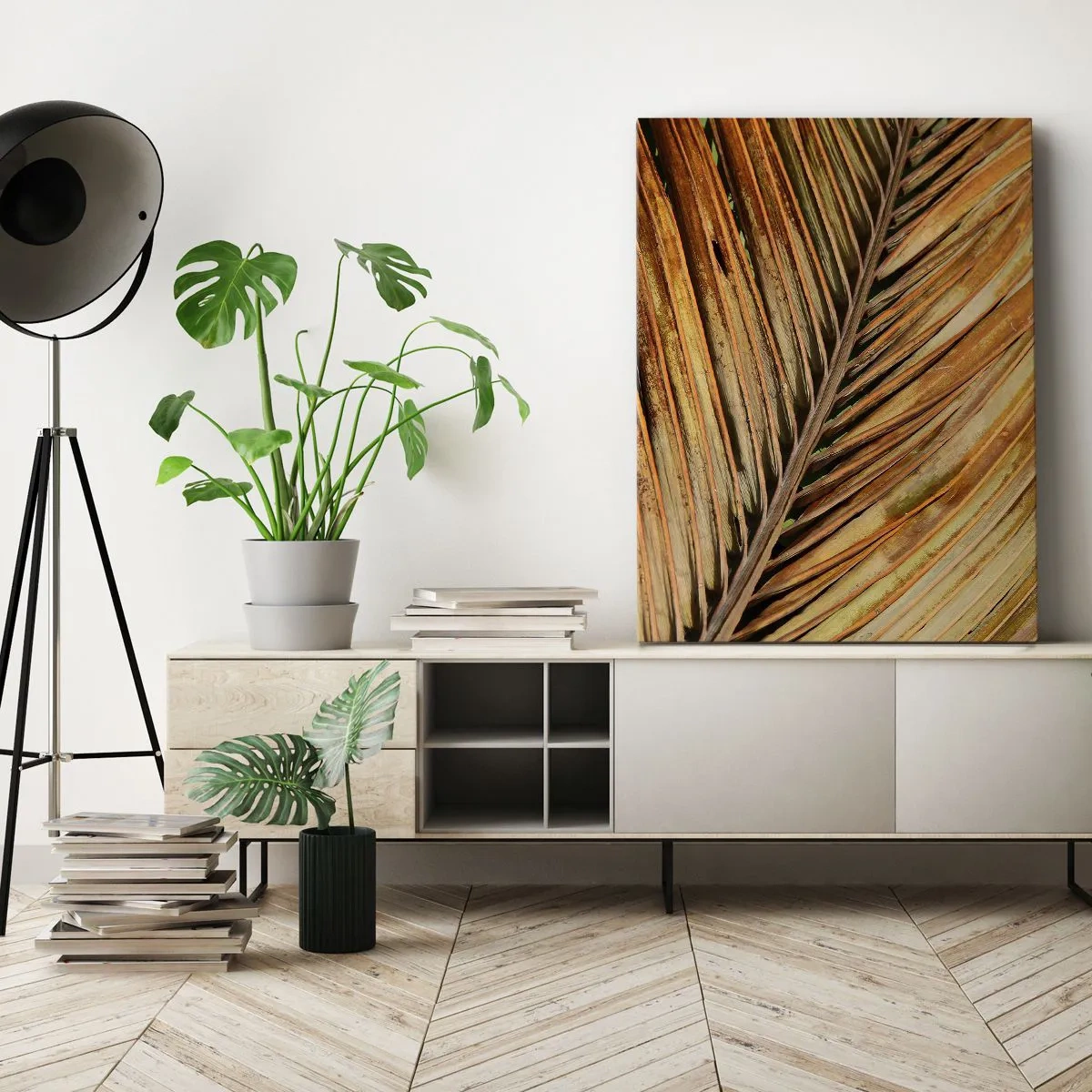 Impression sur toile - Image sur toile - Gros plan d'une feuille de palmier sèche aux tons chauds - 50x70cm - Or de noix de coco - Décoration murale moderne pour le salon et la chambre ARTTOR