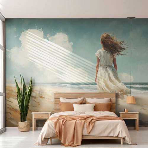 Papier Peint Autocollant Deluxe Sticker - Pour rencontrer le soleil et le vent - Fille, Plage, Marcher - 100x70 cm