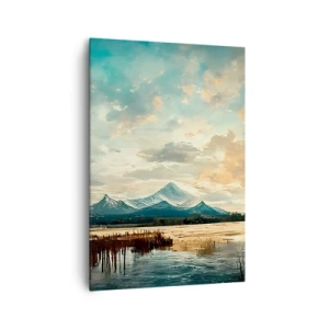 Impression sur toile - Image sur toile - Un paysage pittoresque avec une montagne et un lac calme - 70x100cm - Sous la protection du ciel - Décoration murale moderne pour le salon et la chambre ARTTOR
