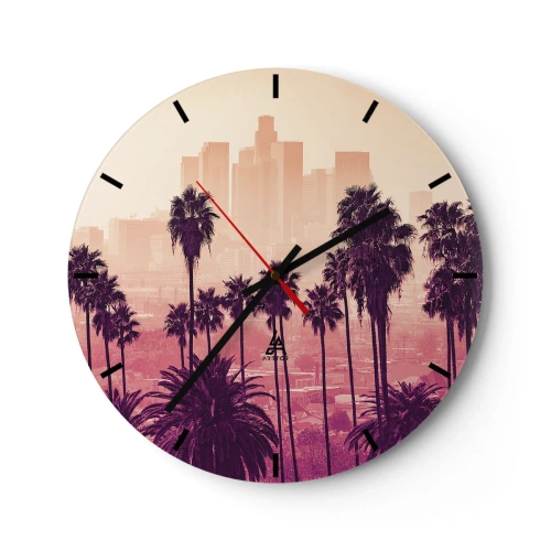 Horloge murale - Pendule murale - Coucher de soleil avec des palmiers et l'horizon de la ville - 30x30cm - Paysage californien - Décoration murale moderne pour le salon, la cuisine et la chambre ARTTOR