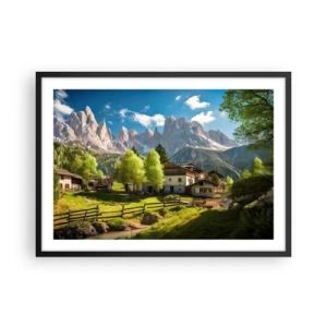 Affiche dans un cadre noir - Poster - Un village de montagne avec des maisons et une vue sur les Alpes - 70x50cm - Idylle alpine - Décoration murale moderne pour le salon et la chambre ARTTOR