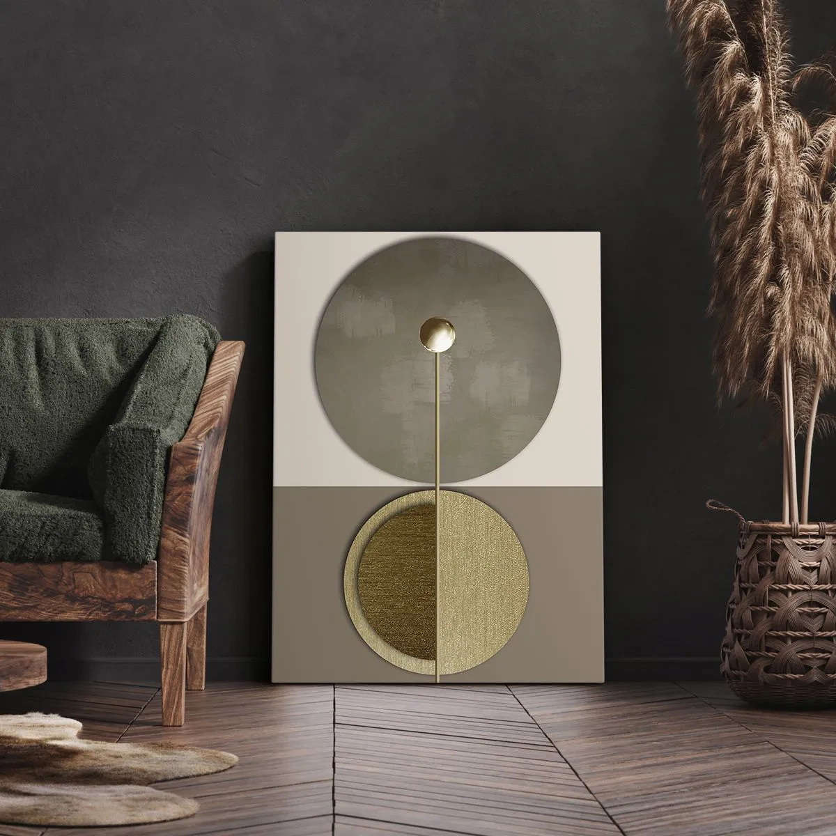 Impression sur toile - Image sur toile - Cercles abstraits dans les tons or et beige - 50x70cm - Équilibre parfait - Décoration murale moderne pour le salon et la chambre ARTTOR
