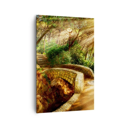 Impression sur toile - Image sur toile - Paysage forestier avec des rayons de soleil et un pont de pierre - 80x120cm - Directement du pont dans une forêt de conte de fées - Décoration murale moderne pour le salon et la chambre ARTTOR