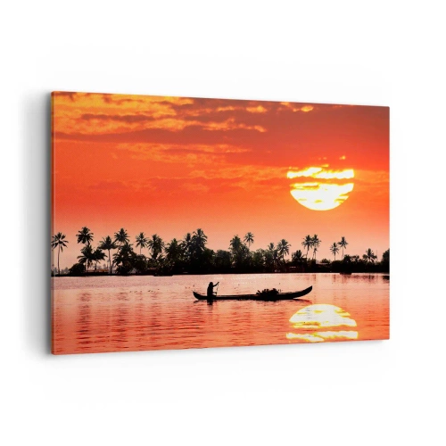 Impression sur toile - Image sur toile - Coucher de soleil tropical avec un bateau et des palmiers en arrière-plan - 100x70cm - La tranquillité des tropiques au coucher du soleil - Décoration murale moderne pour le salon et la chambre ARTTOR