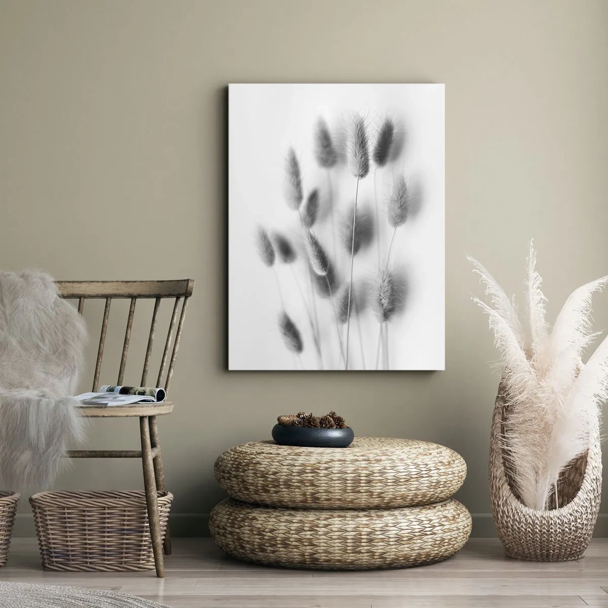 Impression sur toile - Image sur toile - Graminées délicates dans des tons de gris sur fond blanc - 50x70cm - Son herbe duveteuse - Décoration murale moderne pour le salon et la chambre ARTTOR