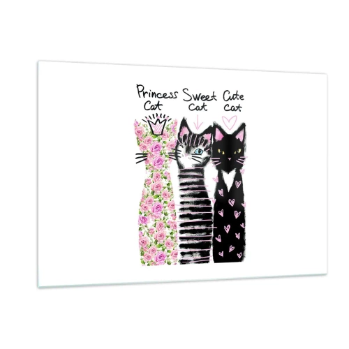 Impression sur verre - Image sur verre - Trois adorables chats dans un style artistique avec des inscriptions sur fond blanc - 120x80cm - Il y avait trois chats - Décoration murale moderne pour le salon et la chambre ARTTOR