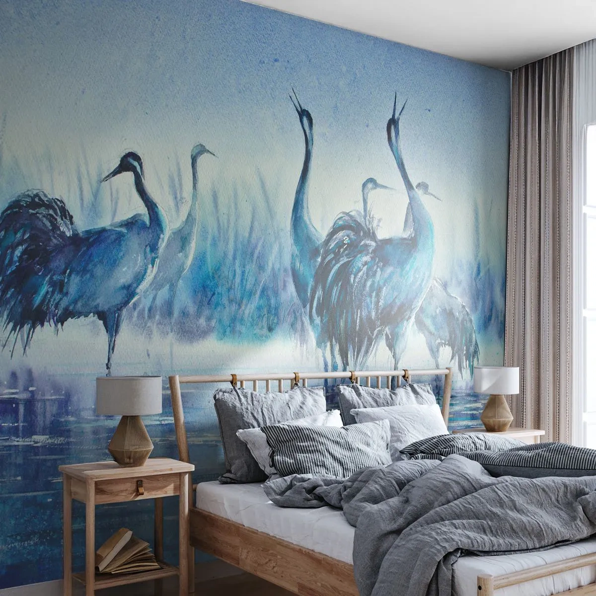 Papier Peint Photo Premium Sand - Des échassiers à l'aube sur fond d'eaux bleues - 100x70cm - Réunion matinale - Décoration murale moderne pour le salon et la chambre ARTTOR