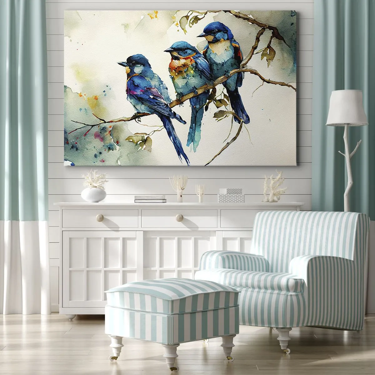 Impression sur toile - Image sur toile - Trois oiseaux colorés sur une branche dans un style aquarelle - 70x50cm - A-t-il été offensé ? - Décoration murale moderne pour le salon et la chambre ARTTOR