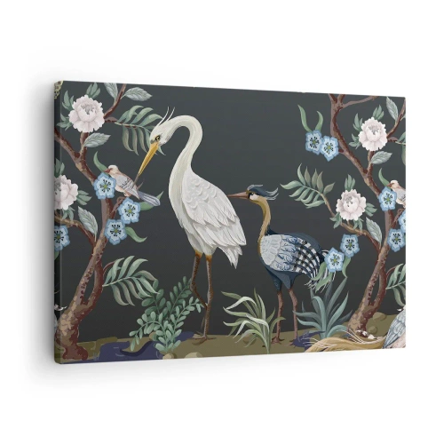 Impression sur toile - Image sur toile - Oiseaux et plantes peints sur un fond sombre avec un motif élégant - 70x50cm - Parade d'oiseaux - Décoration murale moderne pour le salon et la chambre ARTTOR