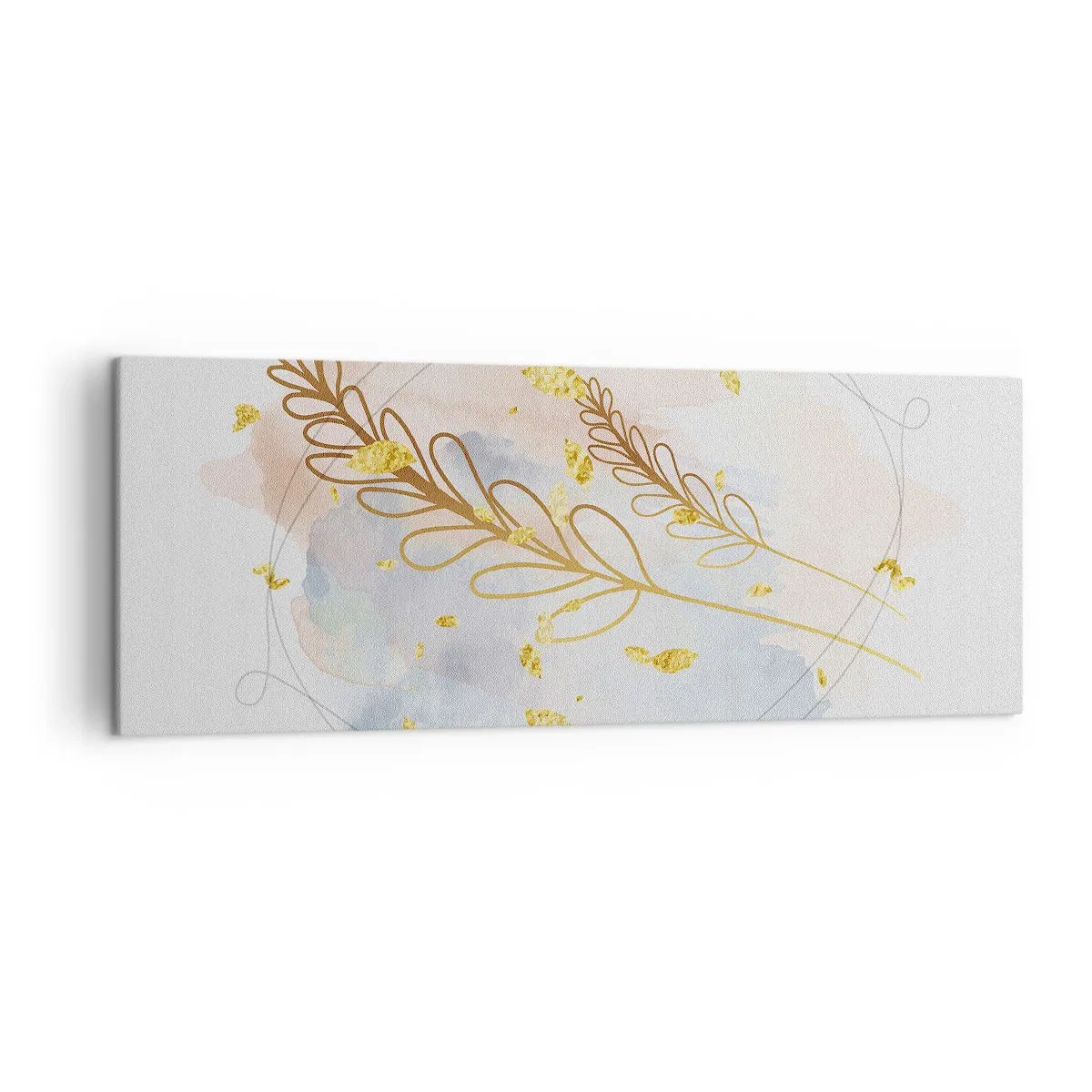 Impression sur toile - Image sur toile - Un délicat motif de feuille dorée sur un fond pastel avec des détails aquarelles. - 140x50cm - Explosion d'or - Décoration murale moderne pour le salon et la chambre ARTTOR