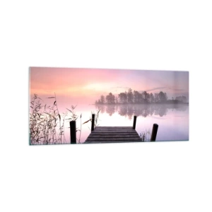 Impression sur verre - Image sur verre - Une jetée au bord du lac à l'aube avec du brouillard et un ciel pastel - 120x50cm - De la brume lilas… - Décoration murale moderne pour le salon et la chambre ARTTOR