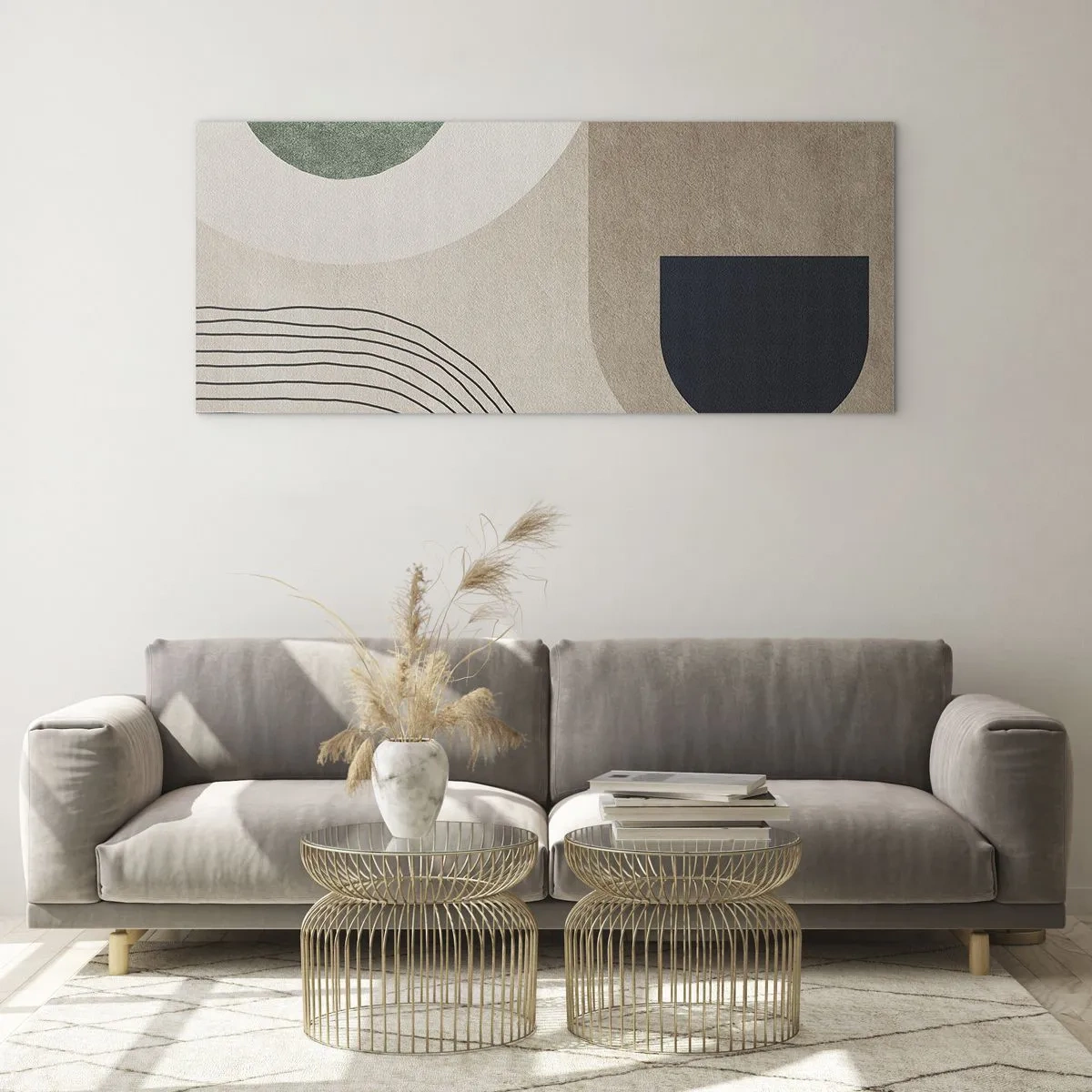 Impression sur verre - Image sur verre - Formes géométriques dans les tons beige et vert - 160x50cm - La douceur de l'ovale - Décoration murale moderne pour le salon et la chambre ARTTOR