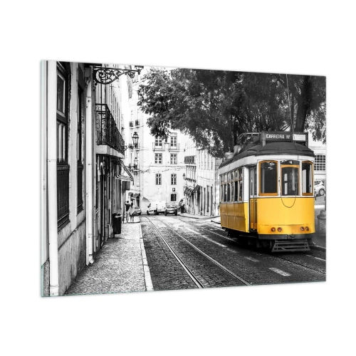 Impression sur verre - Image sur verre - Un tramway jaune sur fond de rue en noir et blanc - 100x70cm - Et du fado en arrière-plan - Décoration murale moderne pour le salon et la chambre ARTTOR