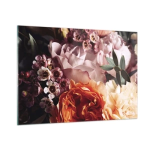 Impression sur verre - Image sur verre - Gros plan d'une composition de roses, d'œillets et de petites fleurs. - 100x70cm - Enveloppé de beauté - Décoration murale moderne pour le salon et la chambre ARTTOR