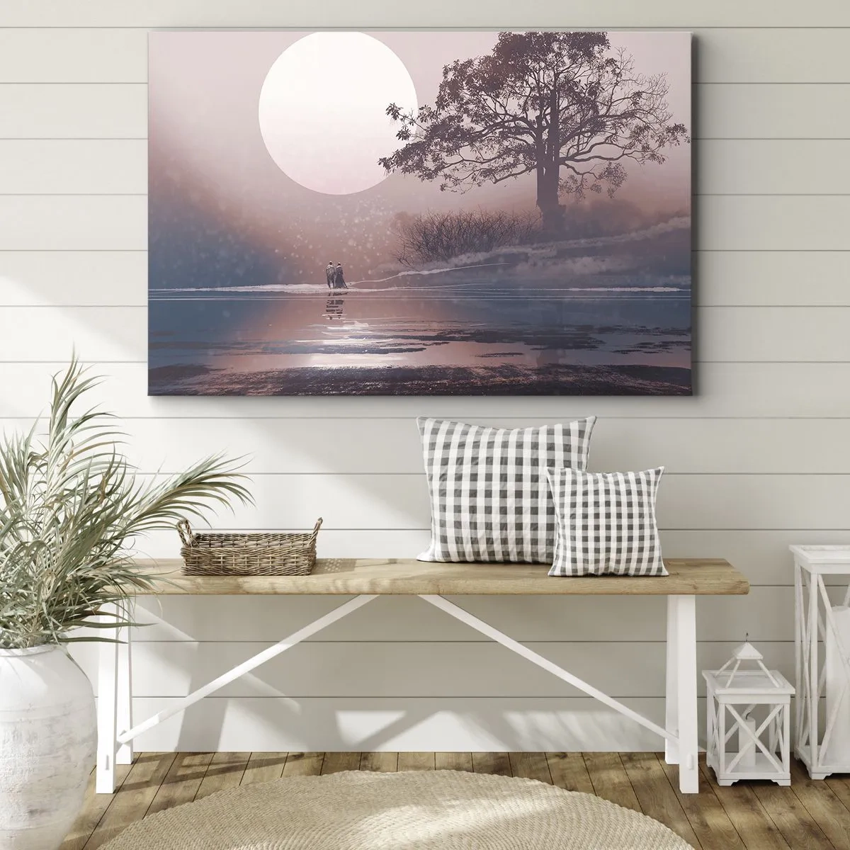 Impression sur toile - Image sur toile - Scène romantique avec la lune et un arbre au bord de l'eau - 120x80cm - Merveilles de la nuit - Décoration murale moderne pour le salon et la chambre ARTTOR
